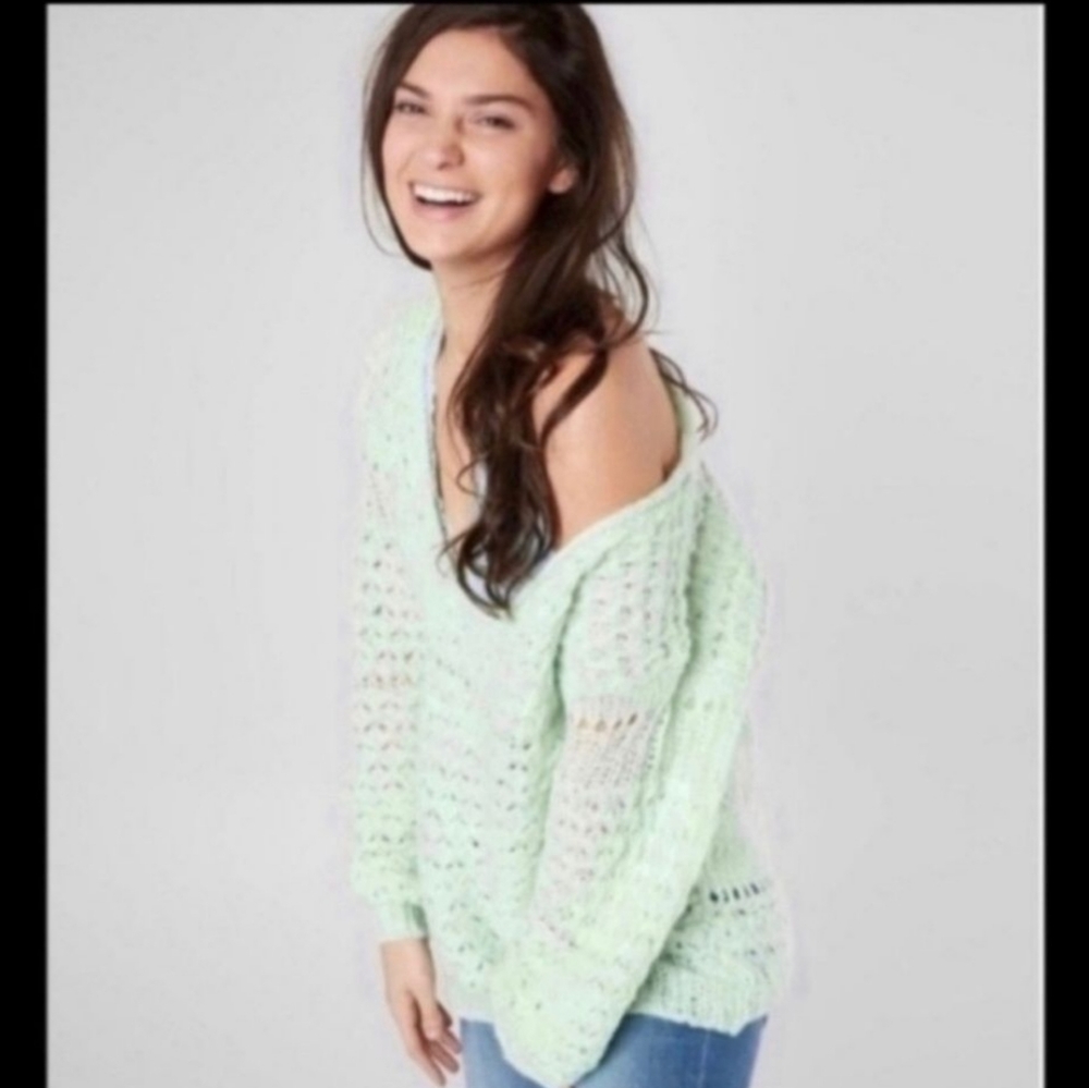 FREE PEOPLE Crashing Waves Loose Knit Mint Green Sweater NWT - Picture 2 of 13